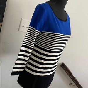 Spense Knit Top Women Size S Blue Black White Stripes Business Timeless Classic